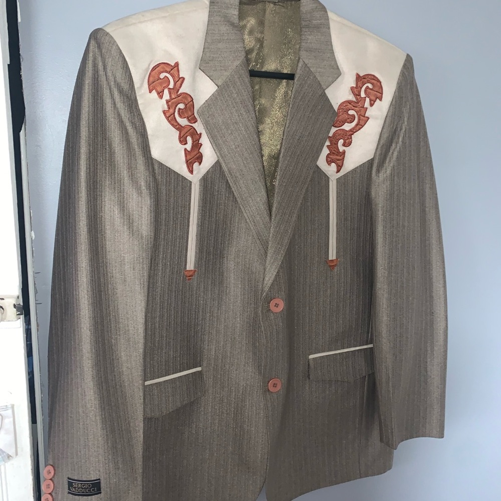 Men's Gray and Cream Blazer with Embroidered Accents